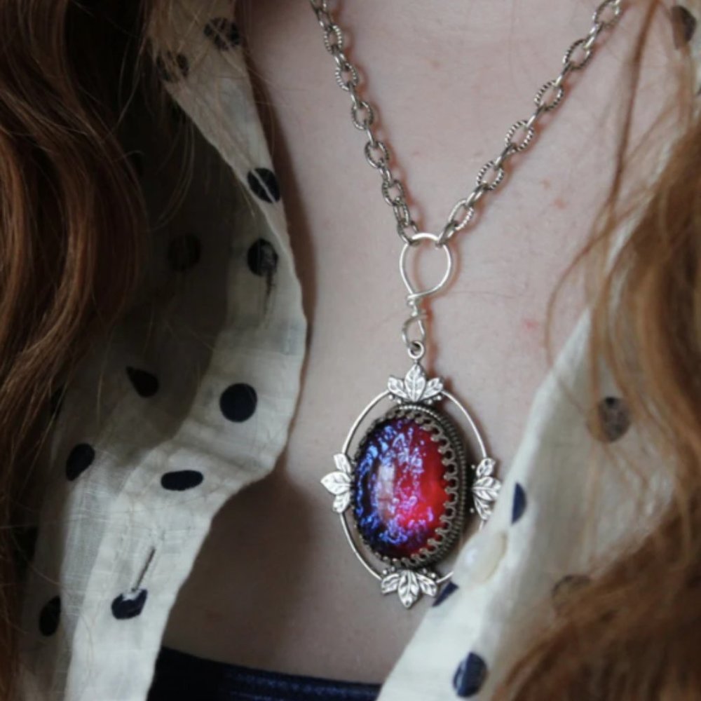 Crowned Dragon's Breath Fire Floating on a Bed of Leaves Necklace!